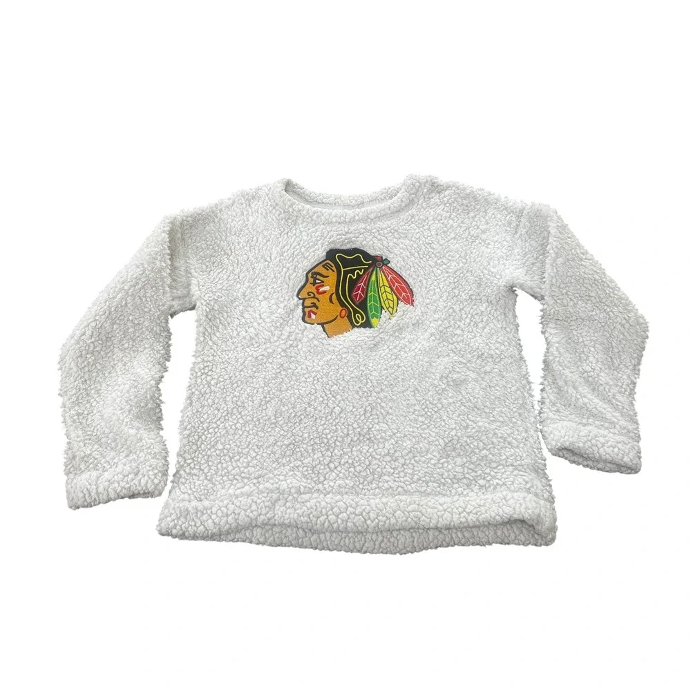 Chicago Blackhawks Sherpa Pullover Girls Large Cream Cozy Metallic Accent Hockey